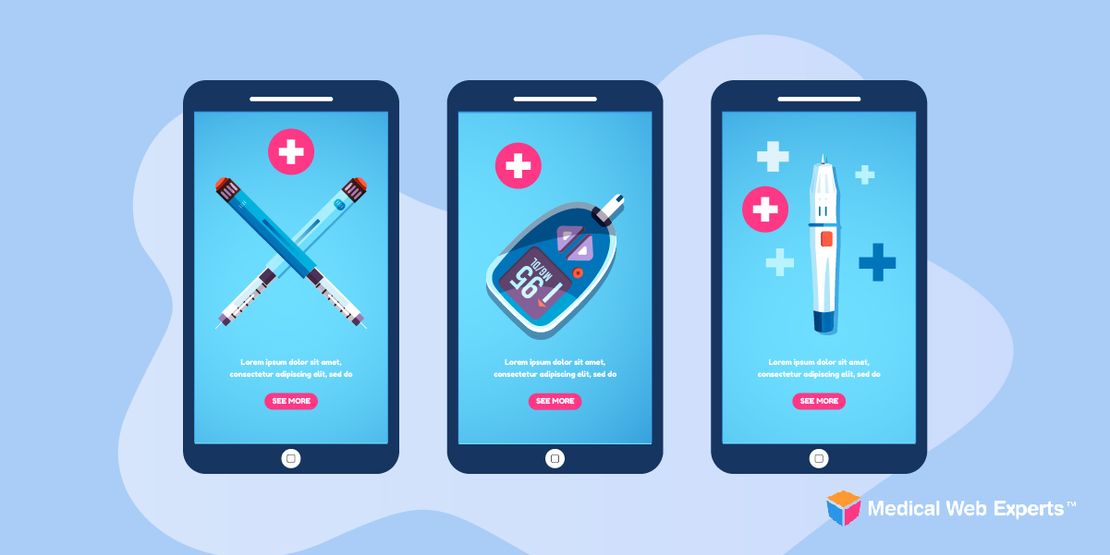 Illustration of three cell phones, each with a different screen pertaining to a lab portal.